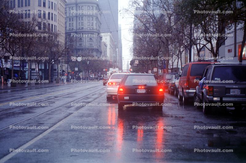 rain, dusk, taillights, wet, slippery, inclement weather, Rainy, Bad Driving Conditions, Market Street