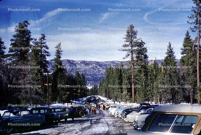 Parked Cars, Parking Lot, Sierra-Mountains, 1950s