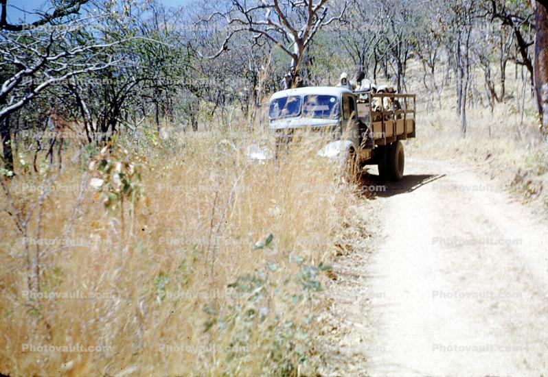 Dirt Road, truck, unpaved, Kenya Africa, 1951, 1950s
