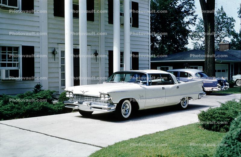 1958 Chrysler Imperial Crown 4dr, Parked, automobile, Mansion, 1950s