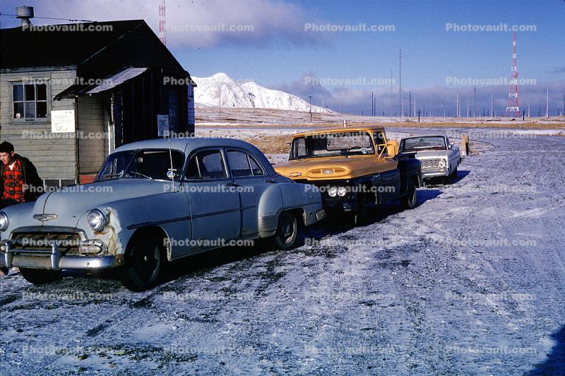 Cars, pickup truck, Chevy, Chvrolet, sedan, Adak, Alaska, 1950s
