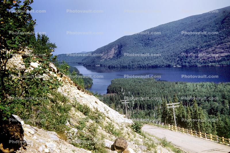 River, hills, Road, Roadway, Highway, Lake HaHa 1953
