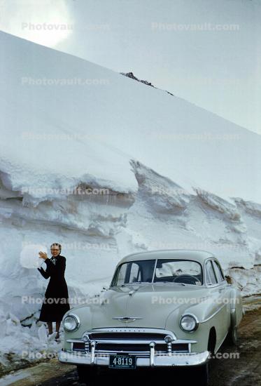 Car, automobile, Chevrolet sedan, Woman, snow, Vehicle, 1951, 1950s
