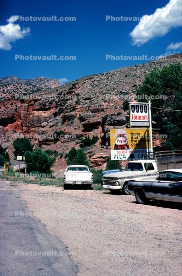 Parked Car, Road, Highway, Shell Canyon, Wyoming, Hamm's Beer Sign, Pepsi, Car, Vehicle, Automobile, July 1977, 1970s