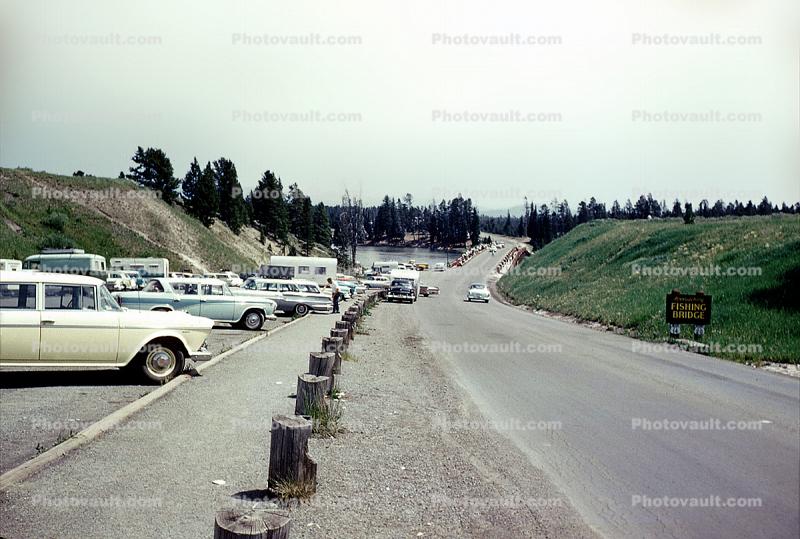 Fishing Bridge, Road, Highway, Parked Cars, Parking Lot, August 1960, 1960s