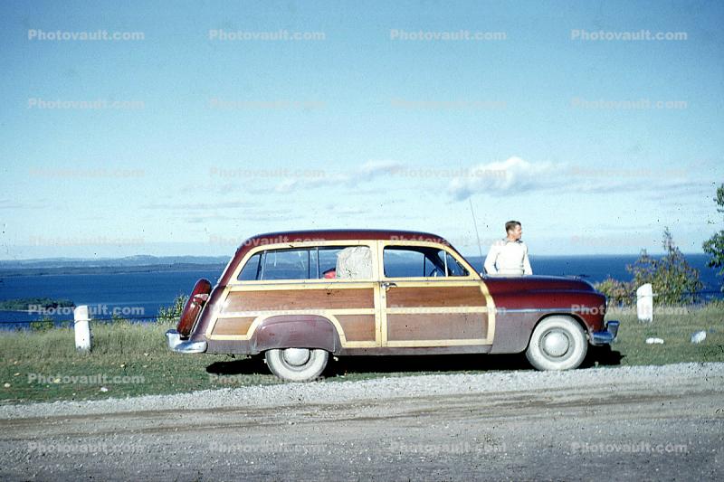 Woody, wood side panel, Ford, Parked Car, automobile, vehicle, Ten-Mile Point, Long Island New York, 1950s