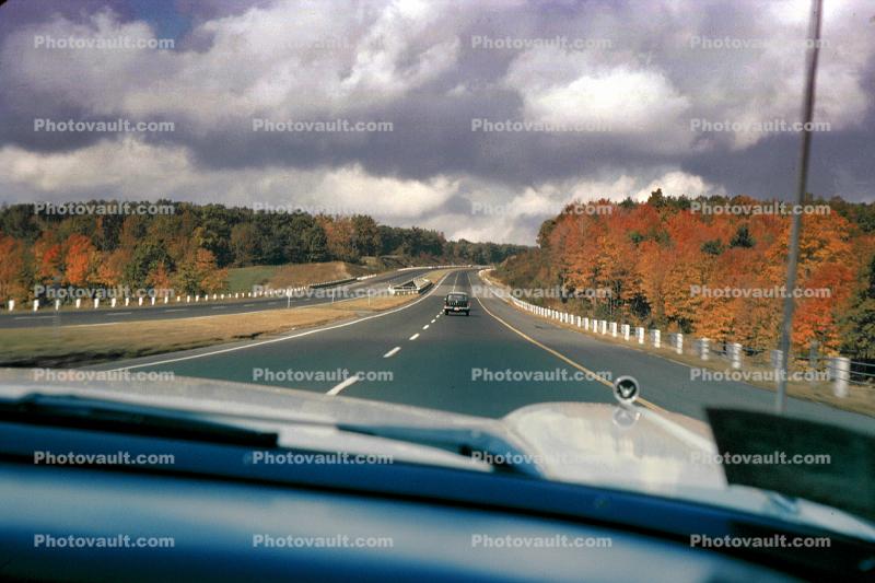 Freeway, Highway, Interstate, Fall Colors, clouds, trees, road, autumn, Car, Automobile, Vehicle, September 1965, 1960s