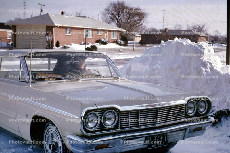 1962 Chevy Impala, Parked Car, Chevrolet, Snowy, Ice, Cold, Chrome Grill, Bumper, automobile, vehicle, December 1964, 1960s