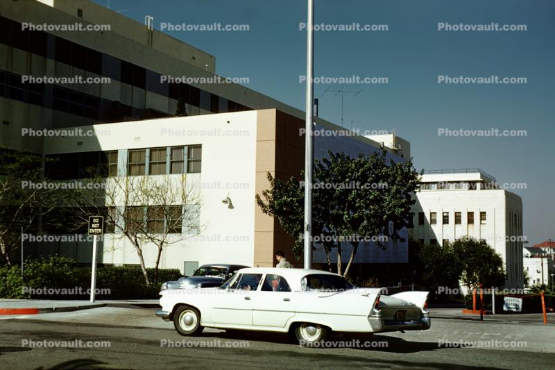 Plymouth, automobile, sedan, Vehicle, fins, Parked Car, hospital building, February 1962, 1960s