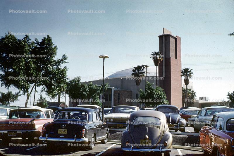 Church, dome, tower cross, Volkswagen, Parked Cars, Parking Lot, February 1962, 1960s
