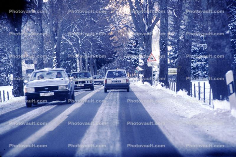 Road, Street, Tree Lined Road, Snow, Ice, Winter, Cars, Automobiles, Vehicles, 1970s
