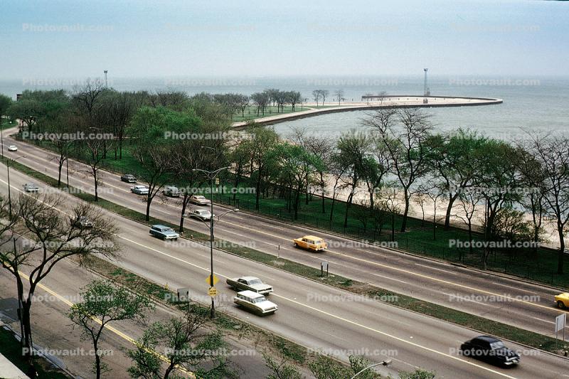 Lakeshore Drive, Chicago, Highway, road, roadway, cars, Level-A Traffic, June 1964, 1960s