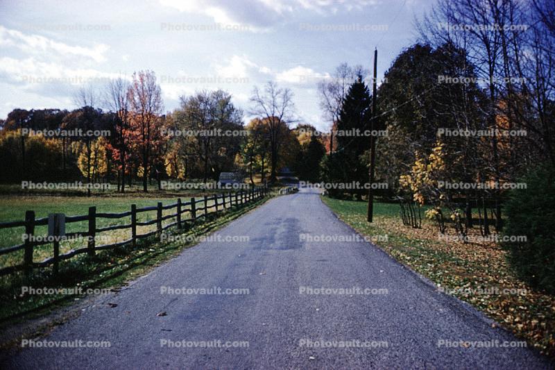Street, Road, Fence, Trees, Fall Colors, autumn, Hershey Mill Run Pennsylvania, November 1961, 1960s