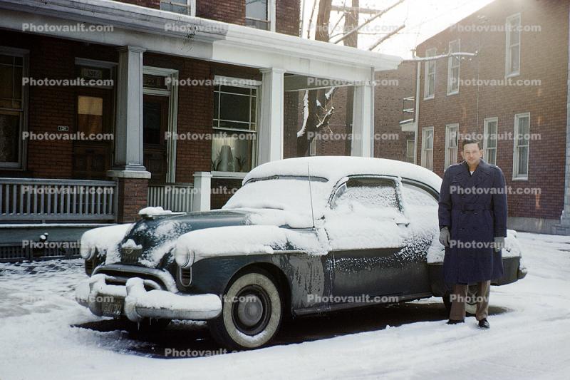 Oldsmobile, Man, Male, Whitewall Tires, Coupe, Snow, Ice, Cold, Street, Winter, Harrisburg Pennsylvania, 1953, 1950s