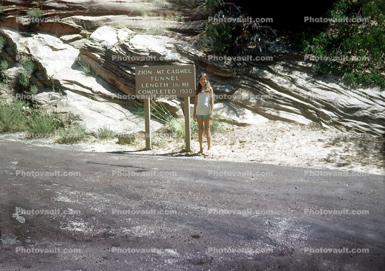 Girl, Sign, Road, Highway, Zion-Mount Carmel Tunnel, Springdale, Utah, 1960s