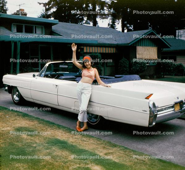 Cadillac, Girl, Waving, pants, car, Vehicle, Automobile, August 1968, 1960s