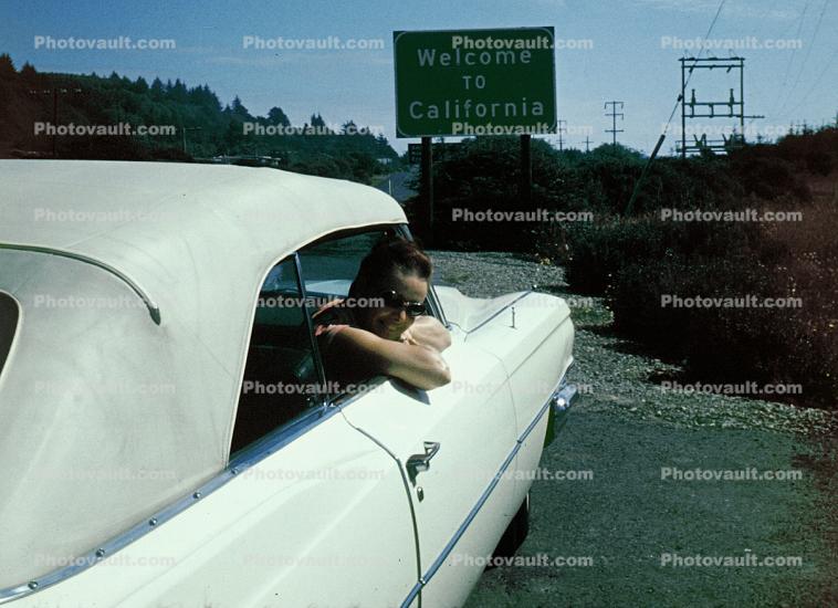 Welcome to California sign, Cadillac, cabriolet, convertible, August 1968, 1960s, car