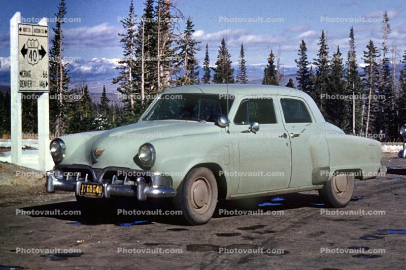 Studebaker 4-Door Sedan, car, vehicle, Continental Divide, Colorado, trees, October 1955, 1950s