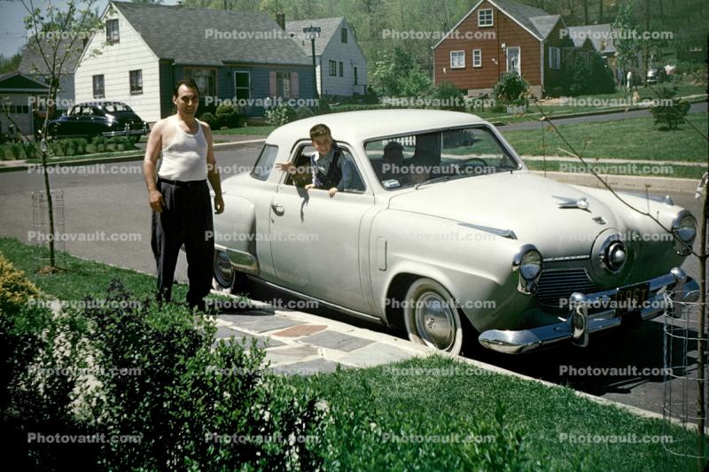 Studebaker Commander, car, houses, suburbia, suburban, rocket-ship, 1940s