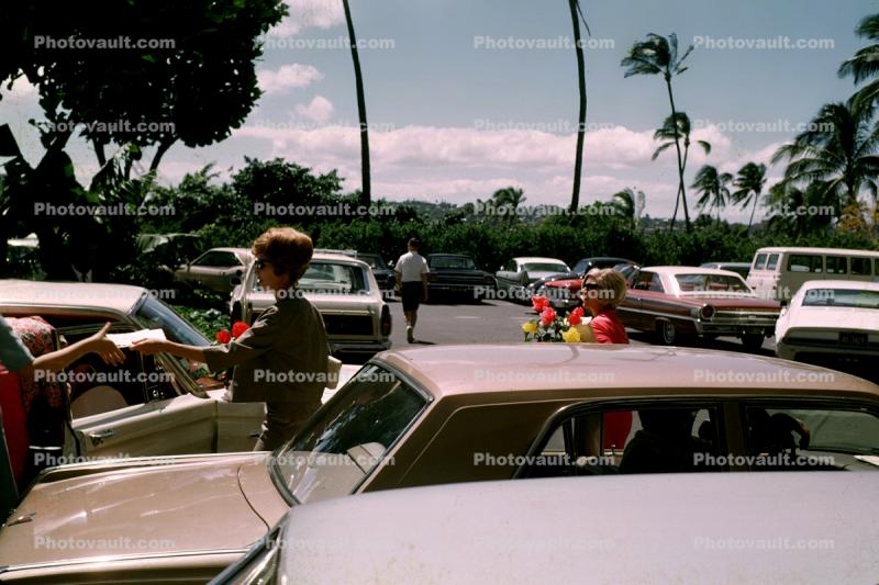 Parked Cars, woman, Vehicle, Automobile, March 1966, 1960s