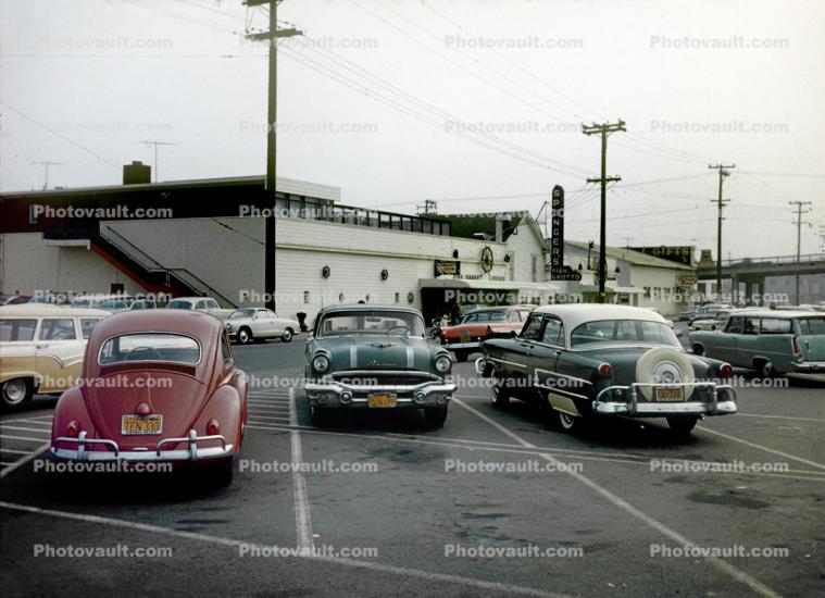 1955 Pontiac Star Chief, Ford, Volkswagen Beetle, Cars, Spenglers Seafood, Berkeley, 1950s