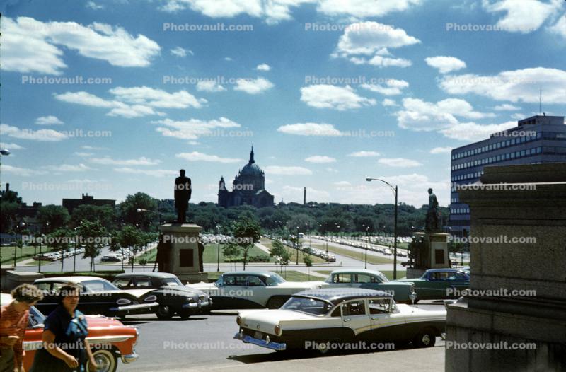 Ford Fairlane, Chevy Impala, Stedebaker, Buick, buildings, statue, Car, Automobile, 1950s