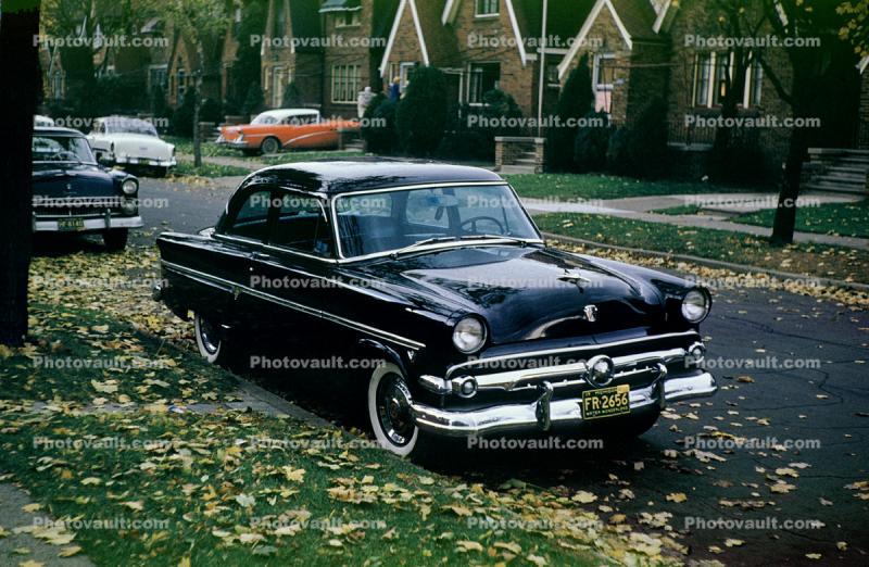 1954 Ford Mainline, Car, Automobile, Two-Door coupe, suburbia, 1950s