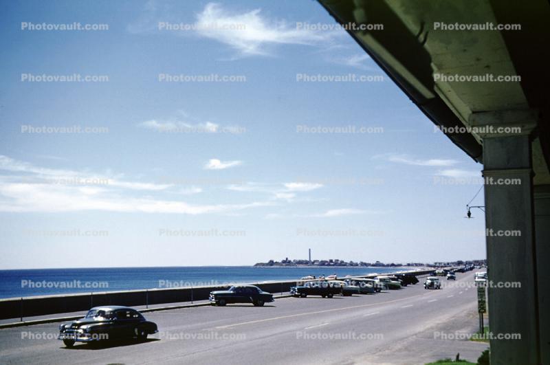 Cars, bay, highway, Hampton Beach, New Hampshire, July 1956, 1950s