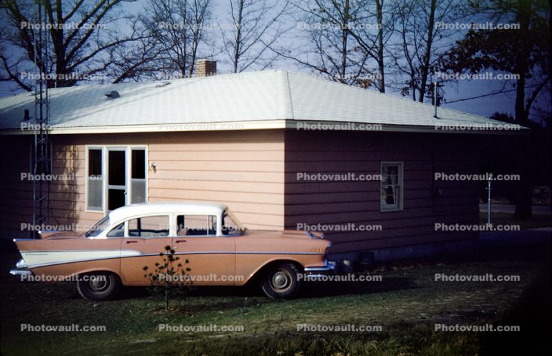 1957 Chevy Bel Air, Car, house, home, building, 1950s