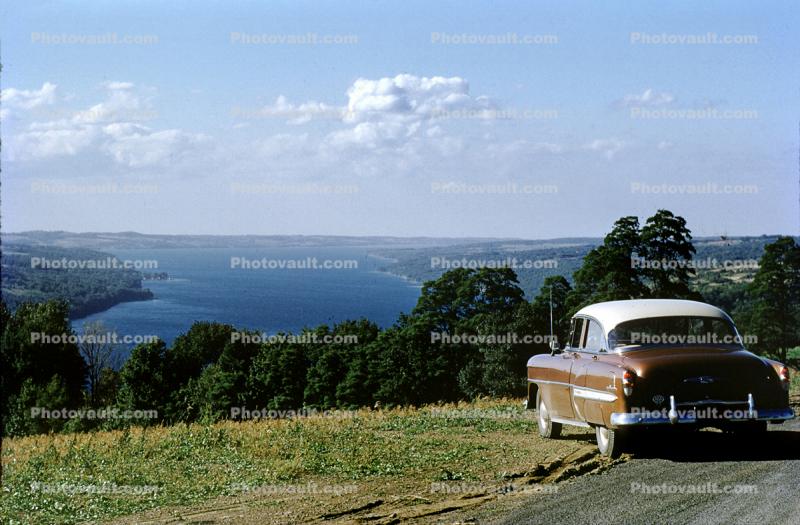 1954 Chevy Bel Air, car, automobile, sedan, lake, 1950s