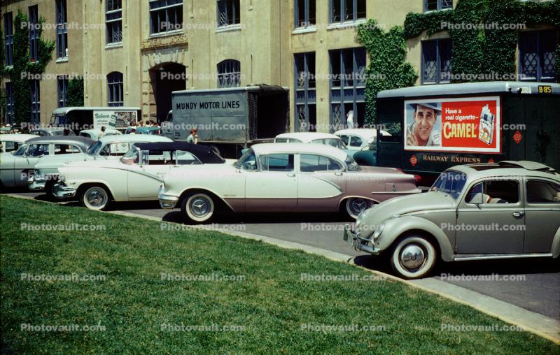 Volkswagen Beetle, Bug, Whitewall  Tires, Buick, Sedan, Camel Cigarettes Ad, 1950s