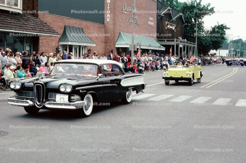 1958 Edsel Pacer, two-door sedan, car, whitewall tires, buildings, parade, Ford, Don's Flowers and Gifts store, Zeeland, Michigan, 1950s