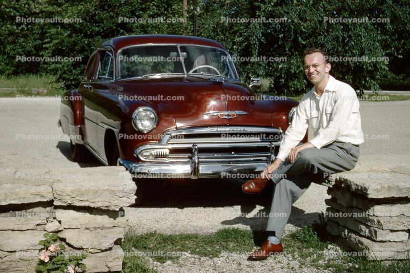 Chevy Deluxe, smiling man, Car, Automobile, 1950s