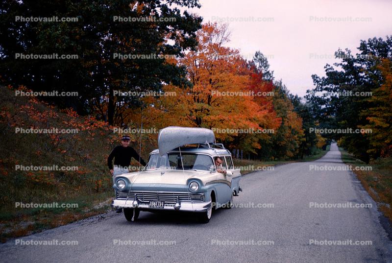 Ford Fairlane Station Wagon, car, canoe, Autumn trees, road, October 1959, 1950s