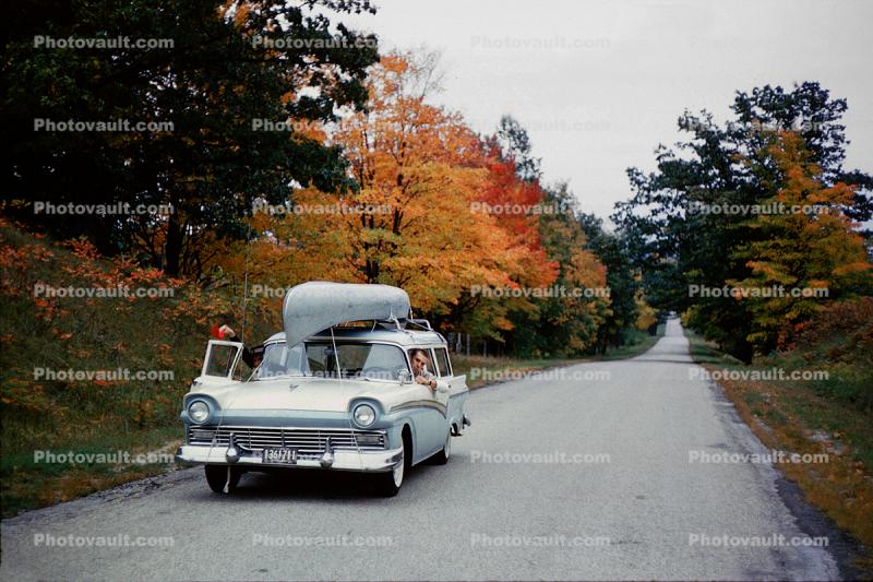 Ford Fairlane Station Wagon, car, canoe, Autumn trees, road, October 1959, 1950s