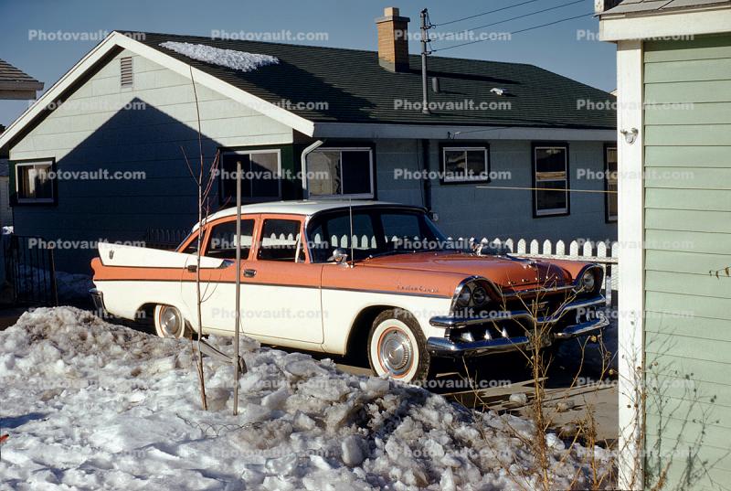 Dodge Custom Royal, car, house, snow, four-door sedan, 1959, 1950s