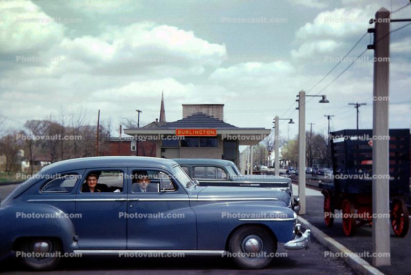 Burlington New Jersey Train Station, car, automobile, four-door sedan, 1940s