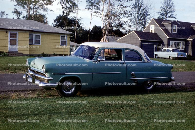 Ford Coupe, car, houses, homes, suburbia, suburban, two-door, 1950s