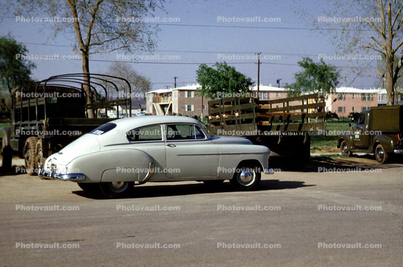 Army Barracks, trucks, car, coupe, April 1954, 1950s