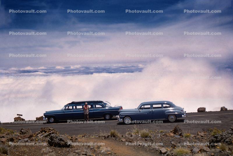 Limousines at Haleakala Crater, clouds, June 1956, 1950s