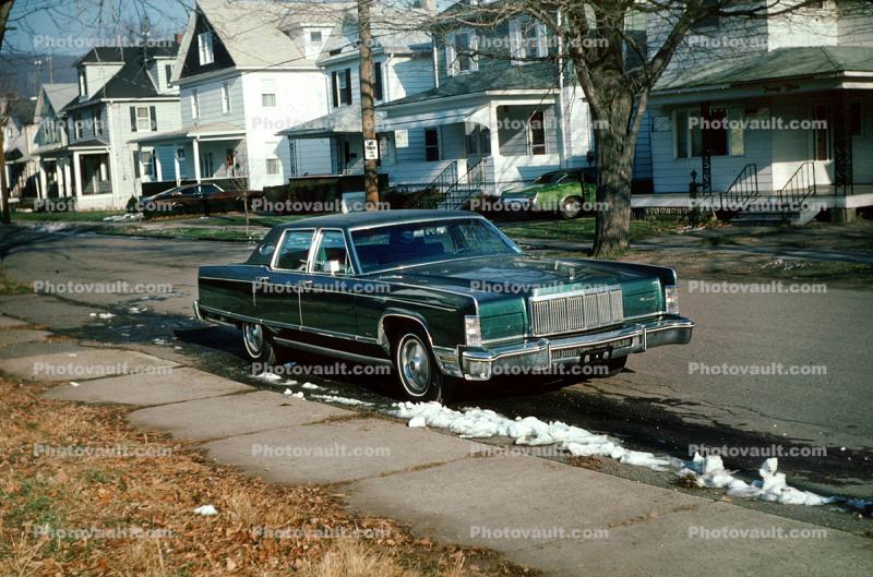 Car, Lincoln Continental, snow, ice, sidewalk, January 1976, 1970s