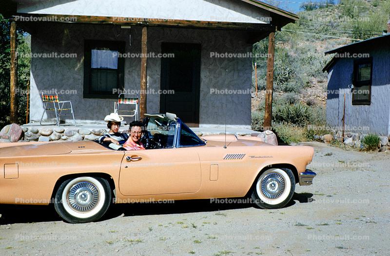 Ford Thunderbird, car, automobile, women, cowgirl, 1950s