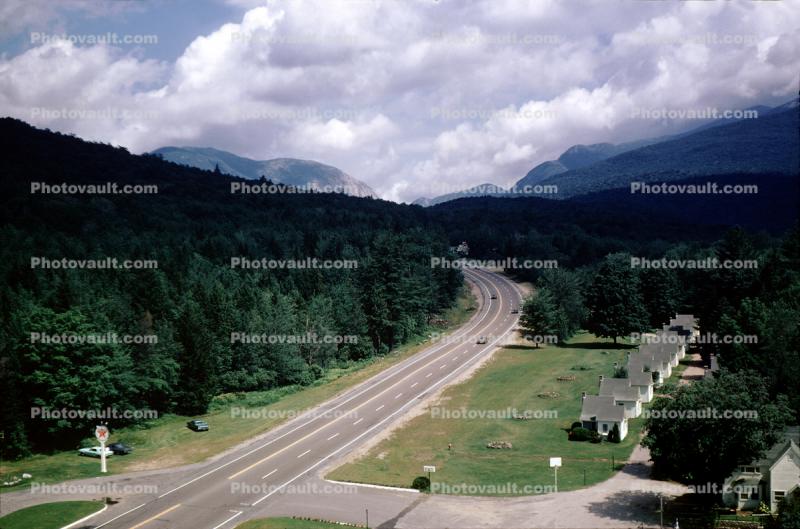 Highway, road, forest, mountains, motel, cabins, Texaco gas station, July 1972, 1970s