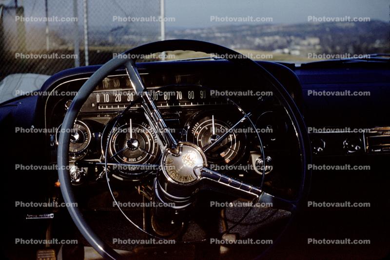 Steering Wheel, Dashboard, dials, instruments, car, 1950s