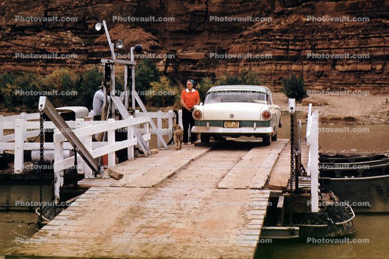 Ford Fairline, The Hite Ferrry, Colorado River, Arizona, Dog, Water, car, September 1959, 1950s