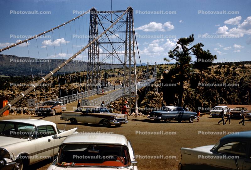 Royal Gorge Bridge, 1958 Chevy Bel Air, cars, Dodge, Suspension Bridge, Colorado, June 1960