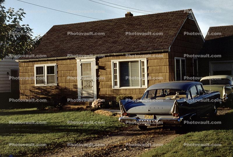 1958 Plymouth Savoy, four-door sedan, car, home, house, fins, 1950s