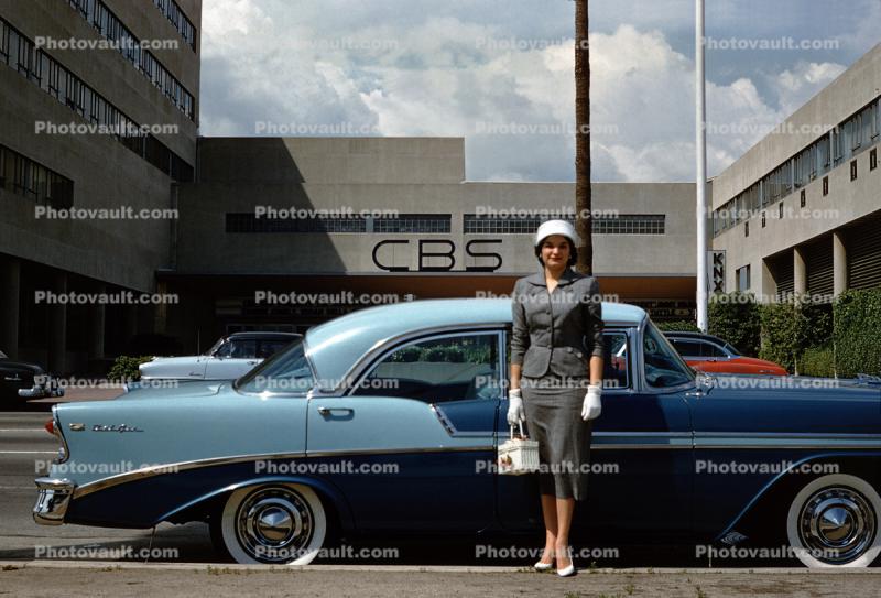 1956 Chevy Bel Air, Car, Woman, CBS Studios, KNX Radio Station, 1957, 1950s