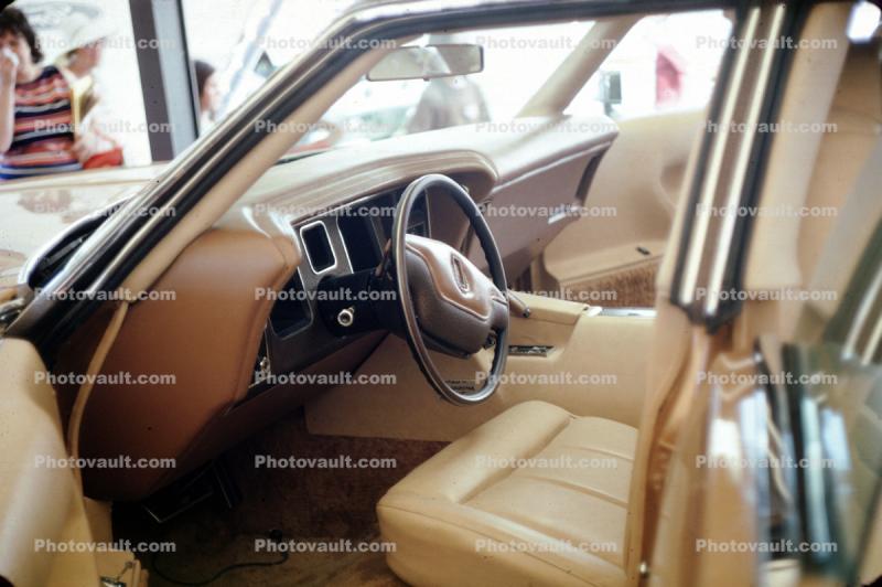 Interior of a Car, Drivers side, steering wheel, May 1972, 1970s