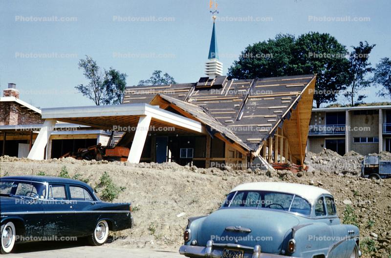 Church under construction, parked cars, 1957 Desoto Firedome, Buick, 1950s